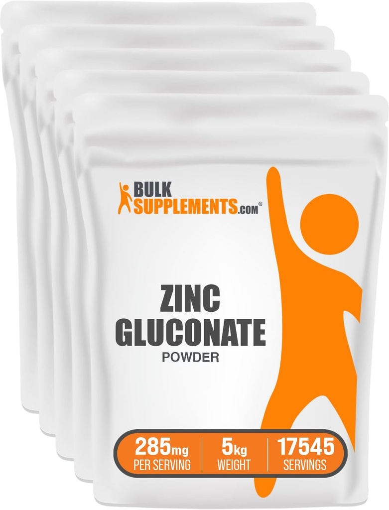 BulkSupplements.com Zinc Gluconate Powder - Zinc 40mg, Zinc Powder - Zinc Supplement for Immune Support - Gluten Free, 285mg por Serving, 5kg (11 lbs) (Pack of 5)
