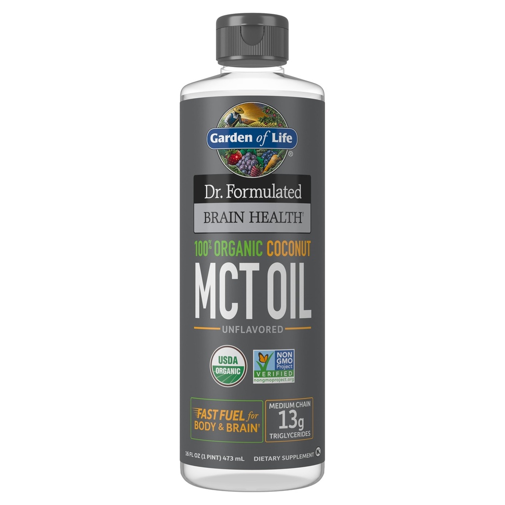 Garden of Life Dr. Formulated Brain Health 100% Organic Coconut MCT Oil 16 fl oz Unflavored, 13g MCT, Body & Brain Fuel, Certified Non-GMO Vegan &amp; Gluten Free, Hexane-Free