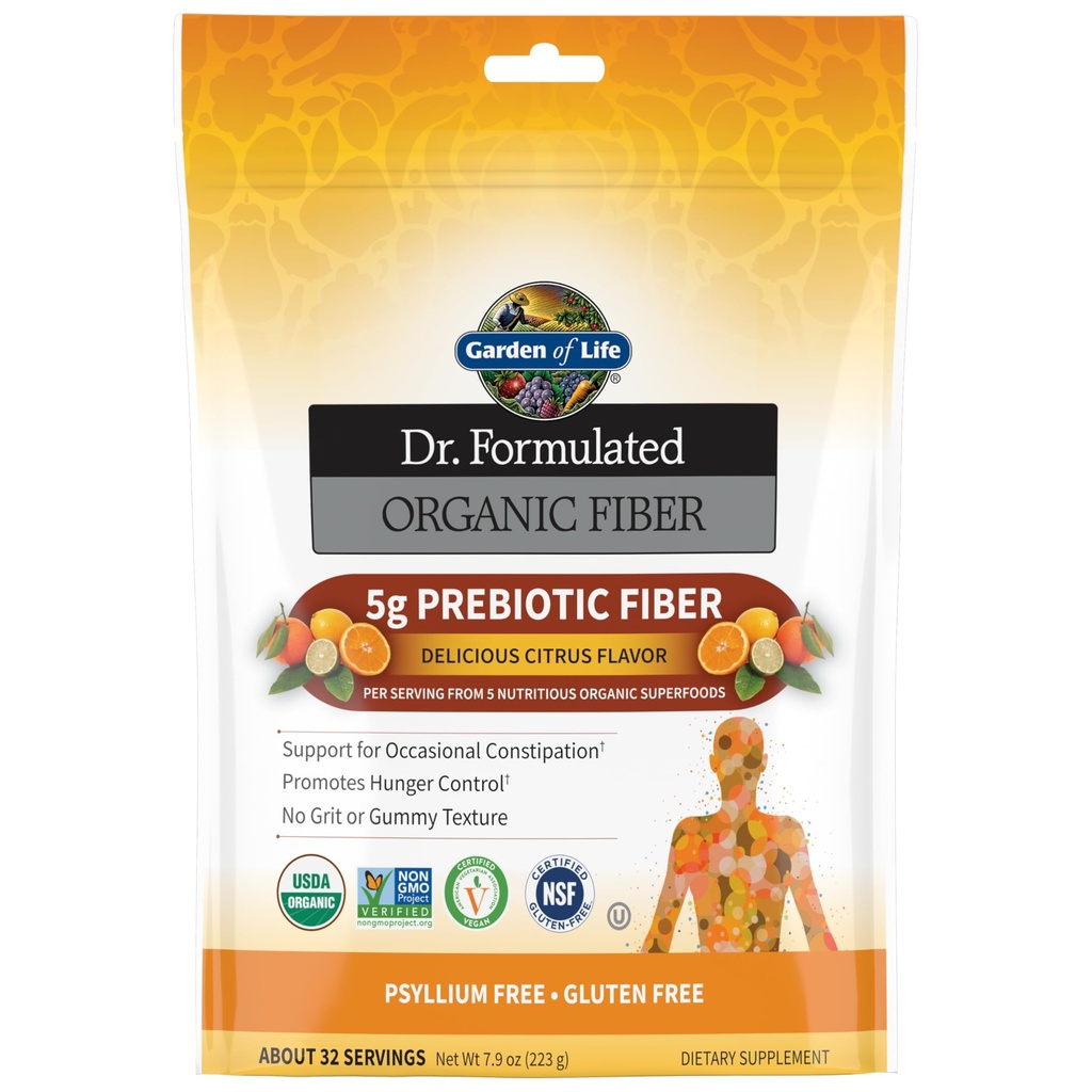Jardín de la vida Dr Formulado Suplemento de fibra orgánica Citrus de polvo, Sugar Gratis, Psyllium Superfoods Prebióticos Libres, Alivio del estreñimiento y Control del Hambre para Hombres y Mujeres, 32 Servimientos