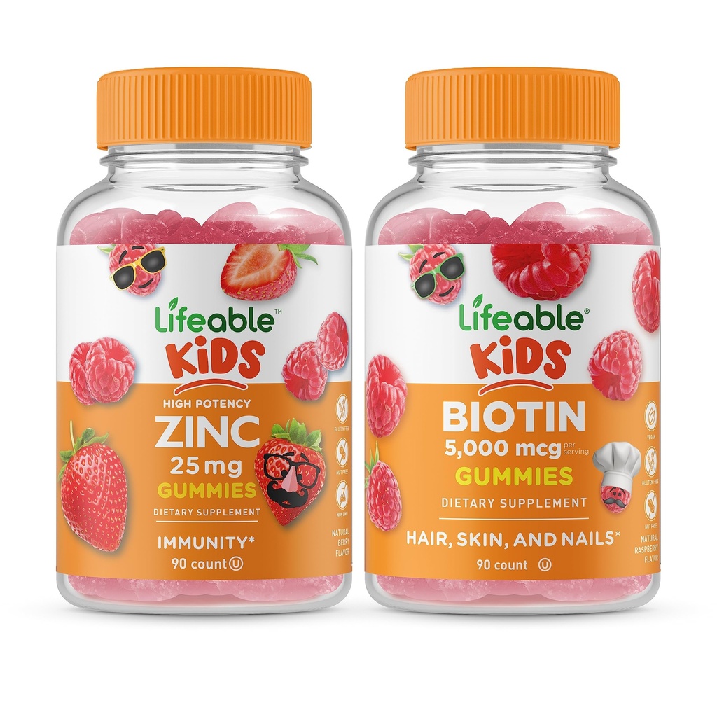 Zinc Lifeable 25mg Kids + Biotin Kids, Gummies Bundle - Great Tasting, Vitamin Supplement, Gluten Free, GMO Free, Chewable Gummy