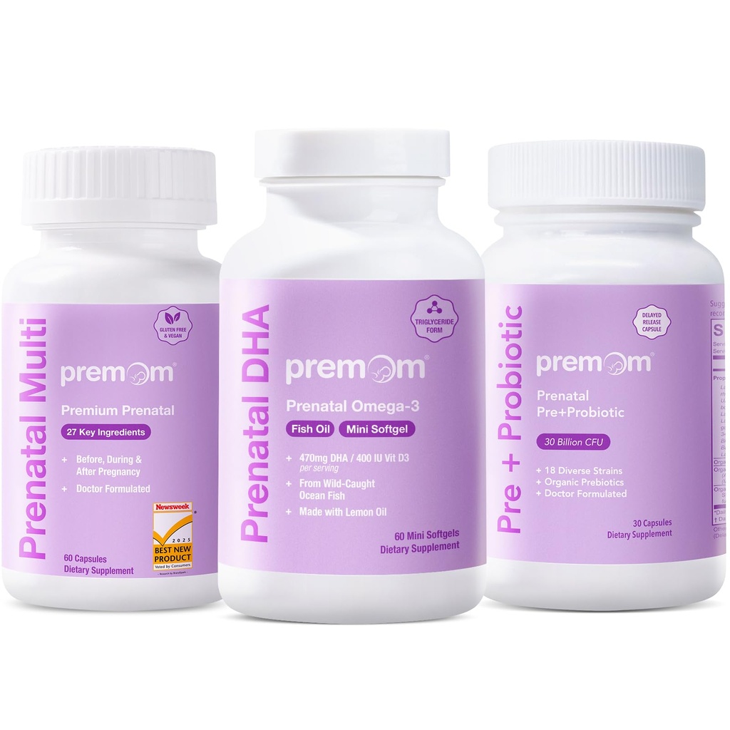Premom Prenatal Probiotics + Prenatal DHA Fish Oil + Fórmula Prenatal Vitamina