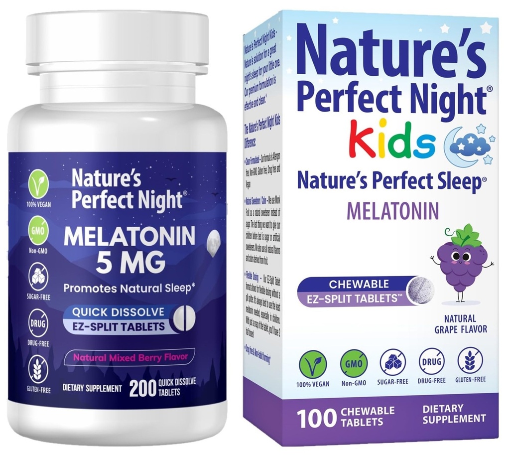 Perfect Night Bundle   Melatonin 5mg Silencio Kids Melatonin 1mg Silencio 200 Conde Silencio 100 Conde Silencio Sugar Gratis Silencio Gluten Free ← No-GMO Silencio Vegan