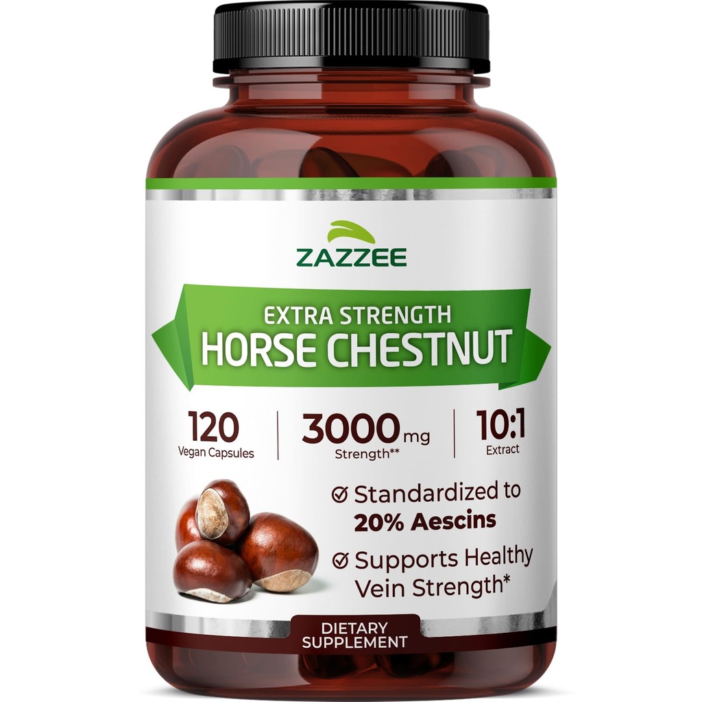 Zazzee Extra Strength Horse Chestnut 10:1 Extract, 20% Aescins, 120 Vegan Capsules, 4 Month Supply, Aesculus Hippocastanum, Healthy Circulation & Blood Flow Support, Non-GMO, Made in the USA