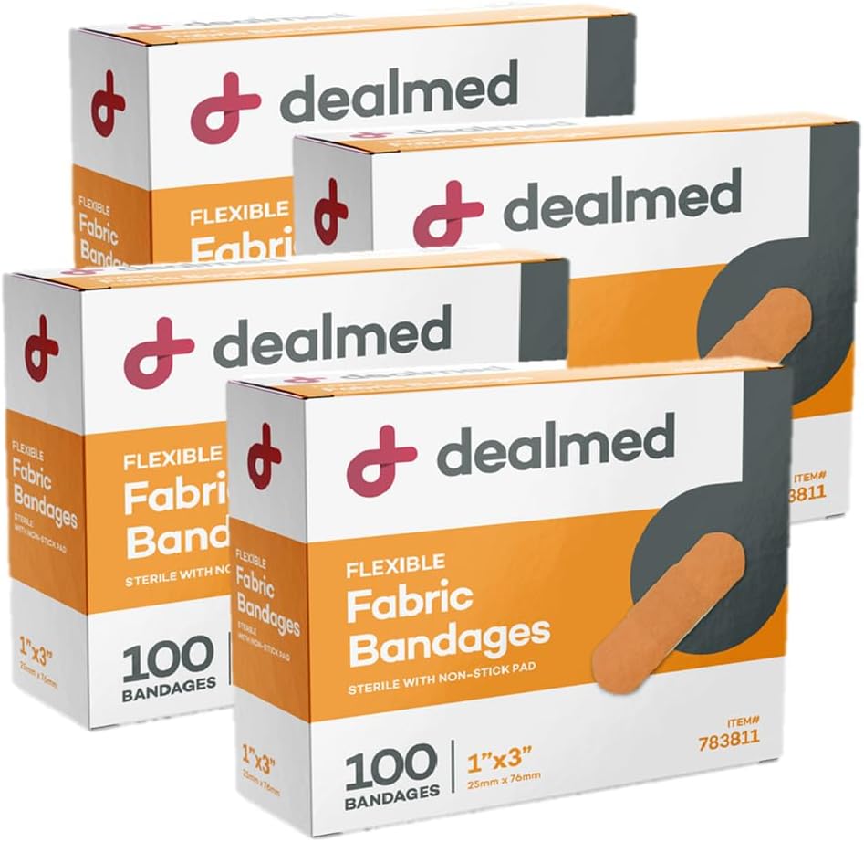 Bandas adhesivas de tejido flexible con estribillo concesionado – 1x3 Inch – 100/Box - 4 Cajas - Breathable First Aid Strip Pack - Soft Stretch Wound Patch for Medical, Emergency Kits & Clinic