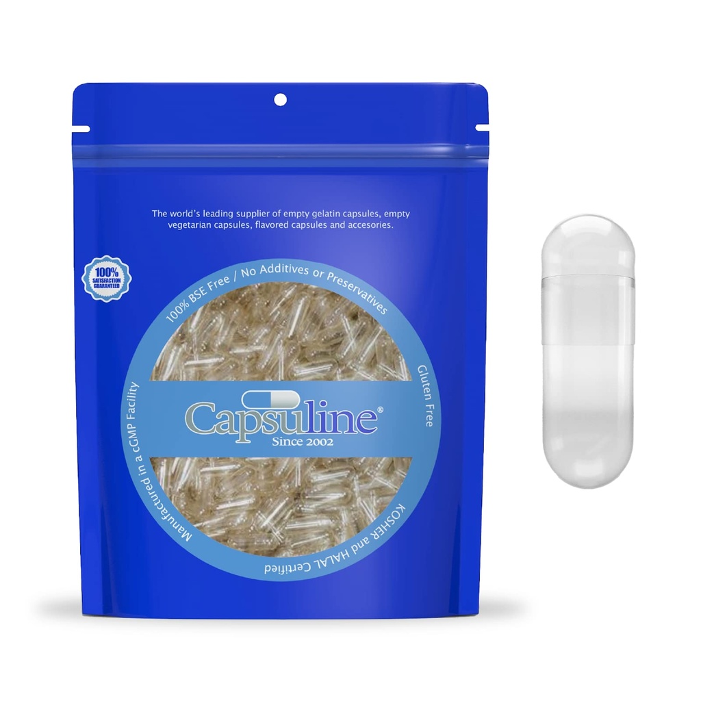 Capsuline Size 00 - Clear Empty Gelatin Capsules - 5000 Cuenta - Empty Gel Pill Capsules - DIY Pure Bovine Pill Capsule Filling - Empty Caps - Kosher, Gluten Free and Halal Certified Clear