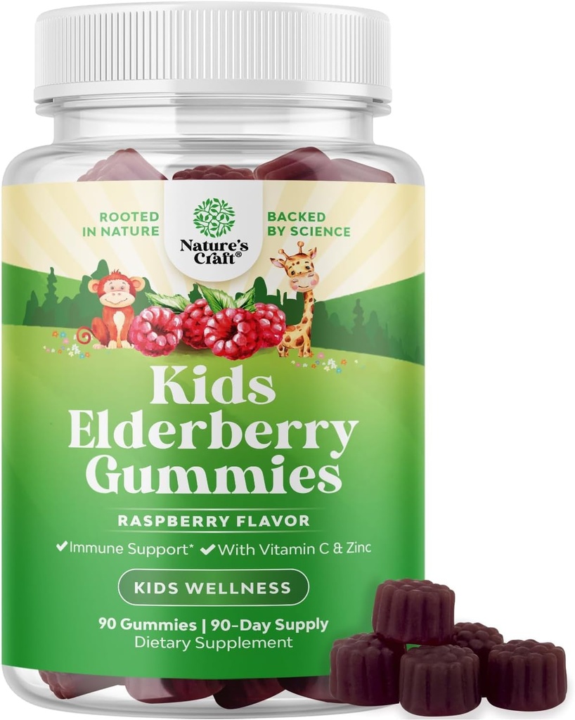 Naturalezas Artesanía Sambucus Gummies para la salud infantil - Delicious Black Elderberry Gummies with Zinc and Vitamin C for Kids Immune Support - Gelatin and Gluten Free Non-GMO Immunity Support 90