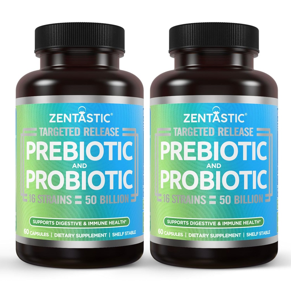 Zentastic Probiotics & Prebiotics Supplement - 50 Billion CFU - for Men &amp; Women’s Immune & Digestive Health - 16 Strains - Shelf Stable - 120 Delayed Release Veggie Capsules