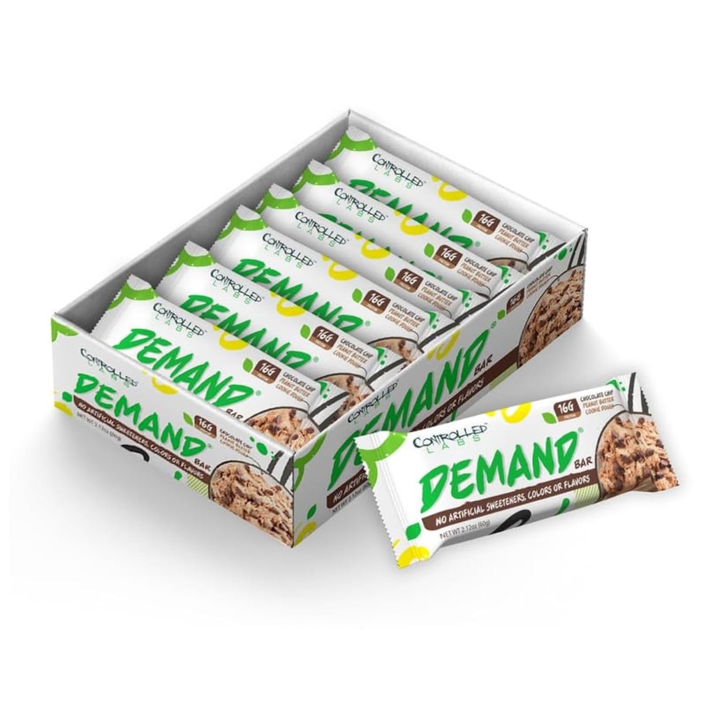 Laboratorios Controlados Demanda Protein Bares - 12 pack - 16g de Proteína por Serving, Natural, High-Protein/Low-Carb Bar, 2.12 oz (Chocolate Chip/Peanut Butter/Cookie Dough)