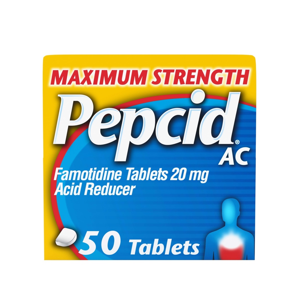 Pepcid AC Maximum Strength Heartburn Relief Tablets, OTC Medicine Prevents ' Relieves Heartburn Debido a la indigestión de ácido " Sour Stomach, 20mg Famotidine Acid Reducer, Fast-Acting, 50 ct