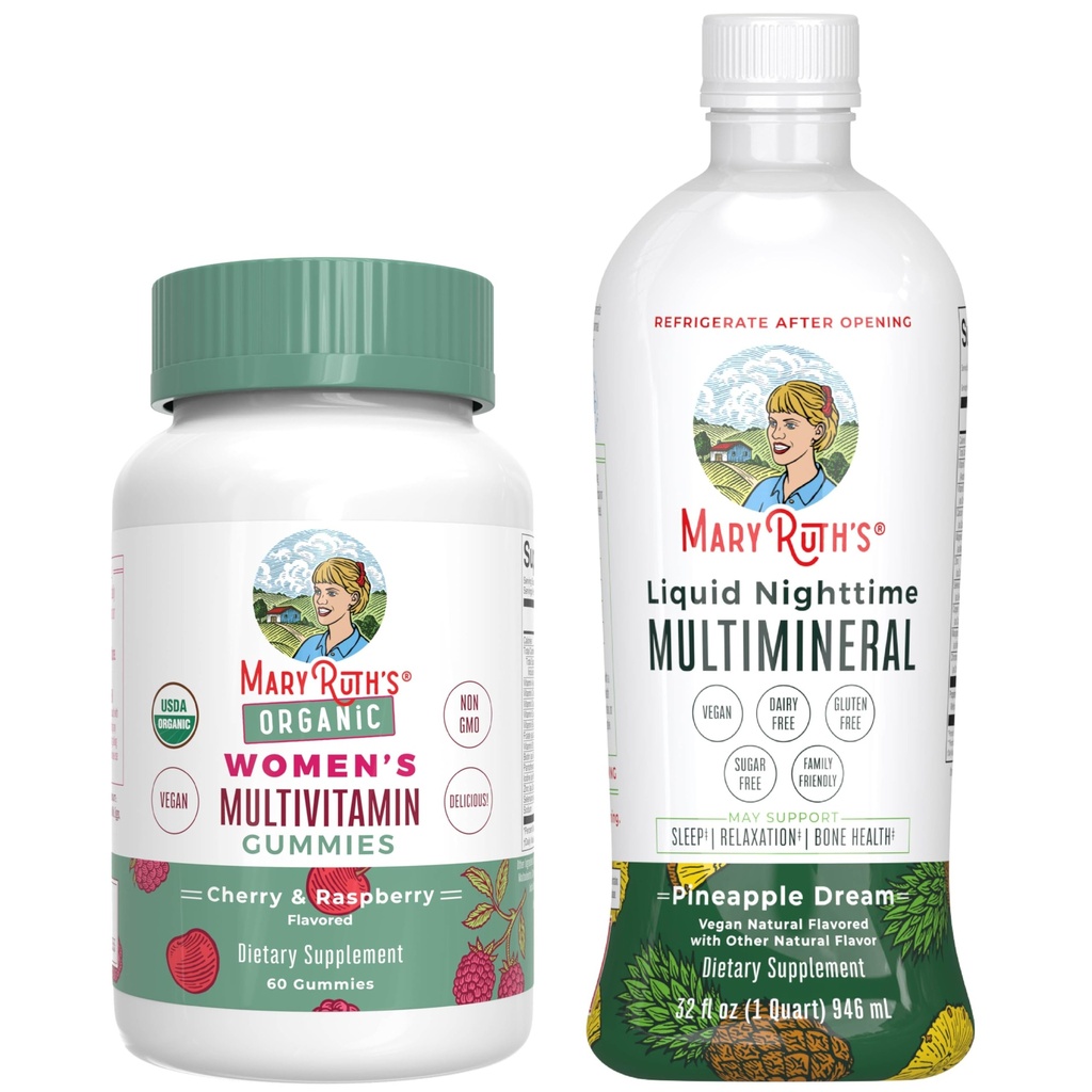 MaryRuth's Multivitamin Gummies for Women (Cherry & Raspberry) & Liquid Nighttime Multimineral (Pineapple) ← Clean Label Project Verified® ← Vegan ← Belleza, Bedtime Routine, " Global Health