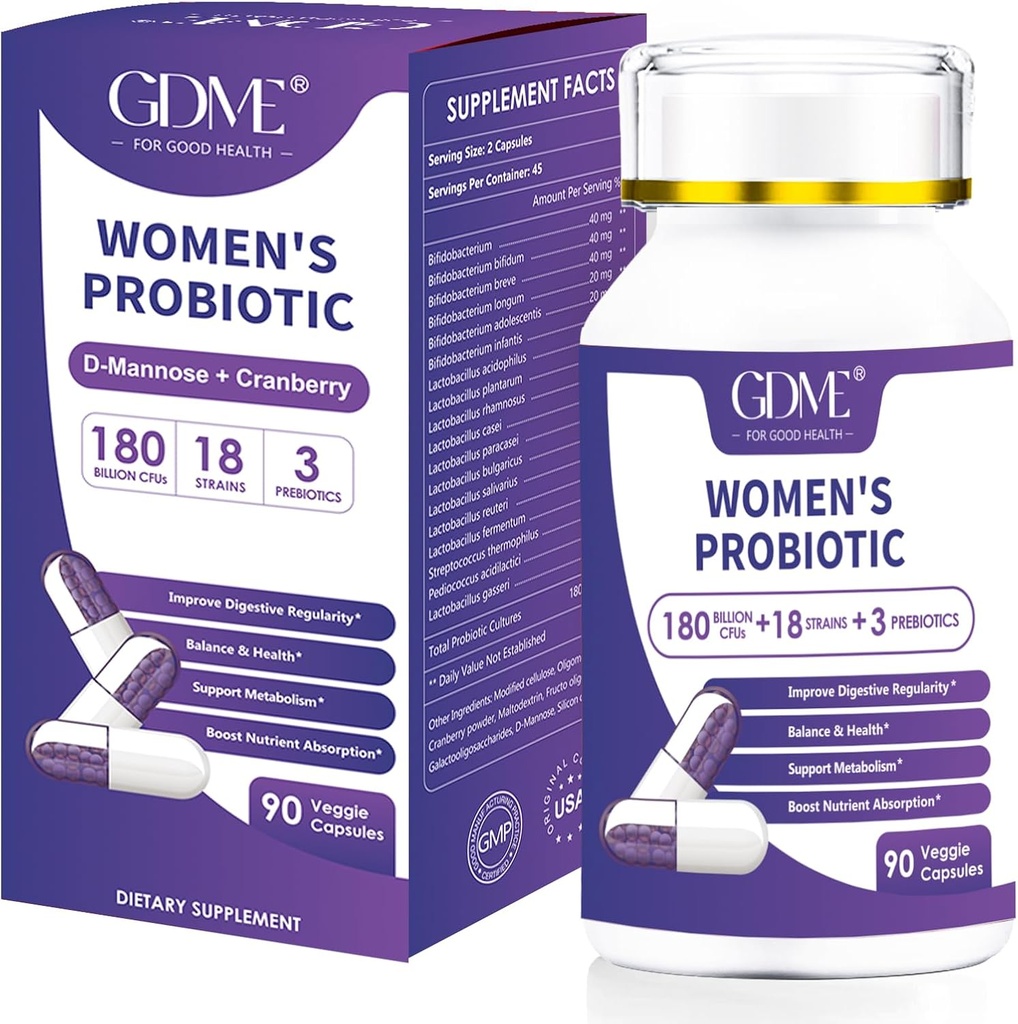 Probióticos 180 Billones CFU 18 Strains Contiene Prebiótico Orgánico Cranberry Probiótico Suplemento Digestión Inmunidad para la Salud de las Mujeres,No Soy Gluten Dairy Gratis 90 cápsulas vegetarianas