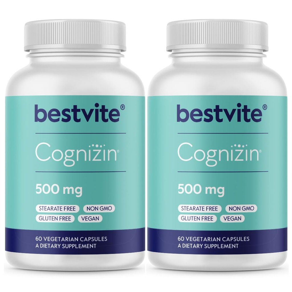 BESTVITE Cognizin Citicoline 500mg (120 Capsules Vegetarianos) (60x2) - Nootropic de línea premium clínicamente estudiado - No Stearates - Vegan - Gluten Gratis - Suplementos cerebrales para memoria y enfoque
