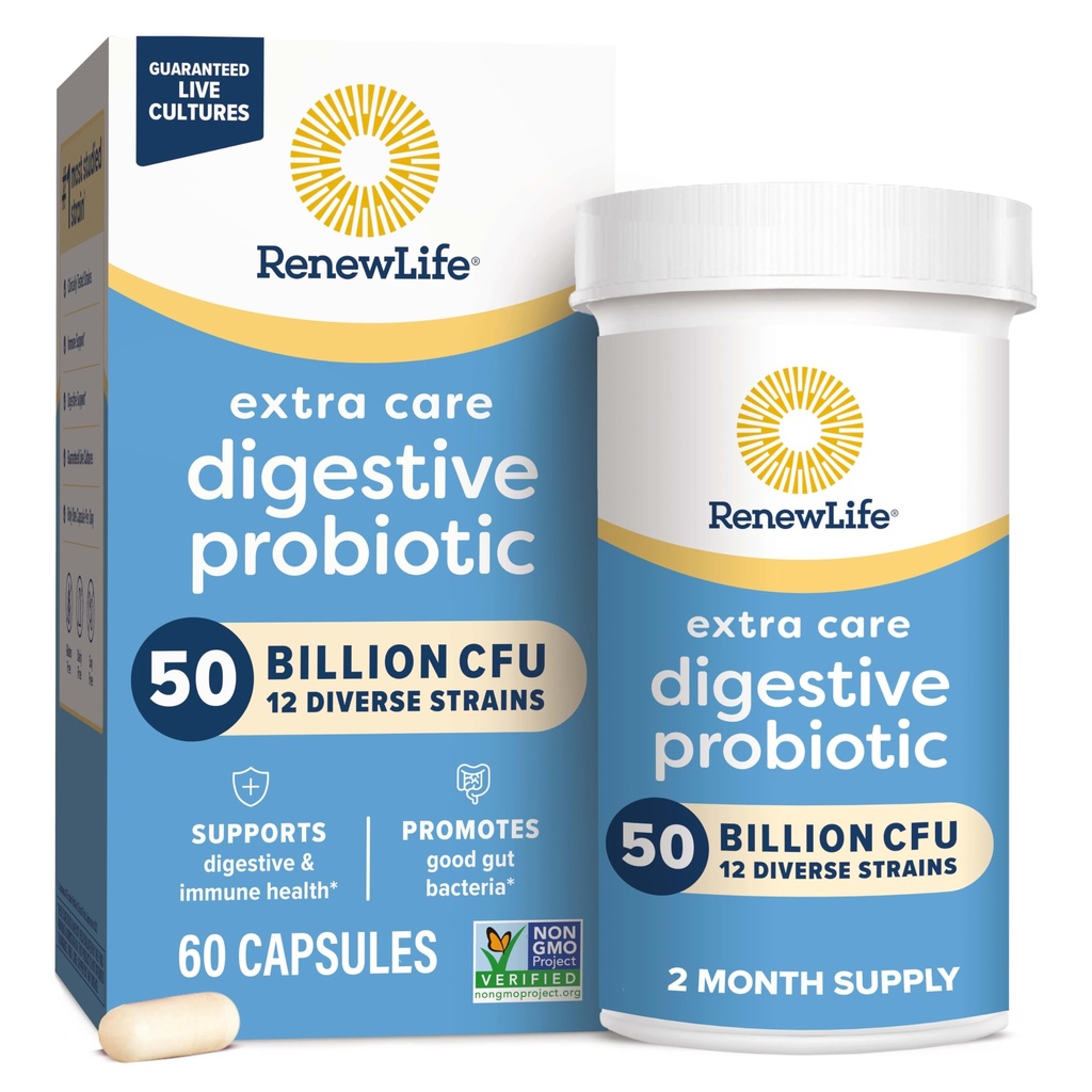 Renew Life Extra Care Digestive Probiotic Capsules, 50 Billion CFU Garantizado, Daily Supplement Supports Immune, Digestive, Respiratory Health(1), L. Rhamnosus GG, Dairy, Soy and Gluten-Free, 60 Count