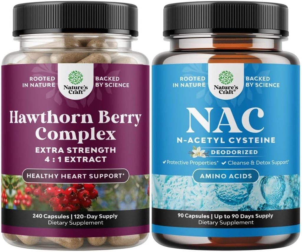 Bundle of High Strength Hawthorn Berry Capsules with Leaf & Flower Extract 4:1 for Healthy Heart " Digestion and NAC Supplement N-Acetyl Cysteine 600mg - Glutathione Precursor for Liver Cleanse Detox