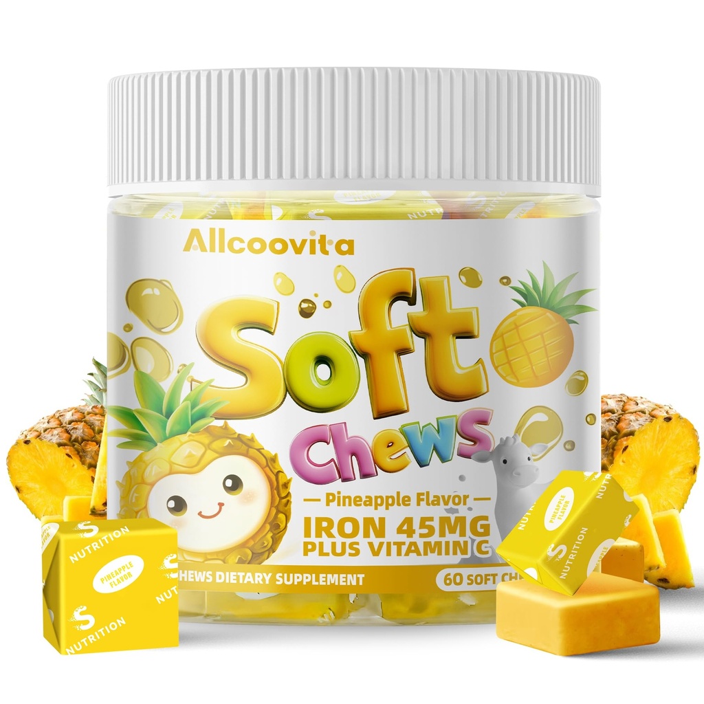Hierro Soft Chews Suplemento con Vitamina C Silencio Pineapple Flavored TEN Gluten Free ← Suplemento de Hierro para Mujeres Hombres y Niños