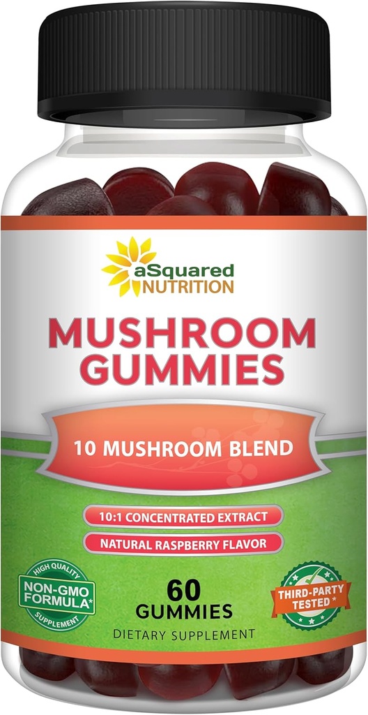 aSquared Nutrition Mushroom Gummies - 10x Complex Supplement - Lions Mane, Turkey Tail, Reishi, Cordyceps, Chaga - Energy, Focus, Immune Support for Men &amp; Women - Replace Powder, Capsules & Pills