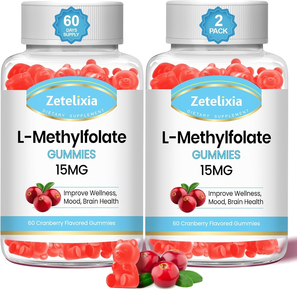 2 Pack L-Methylfolate 15mg &amp; Methyl B12 Gummies, Folate Supplement for Brain Health, Mood &amp; Immunity, DNA Synthesis &amp; Repair, Sugar Free, Vegan, Cranberry Flavor, 120 Conteo
