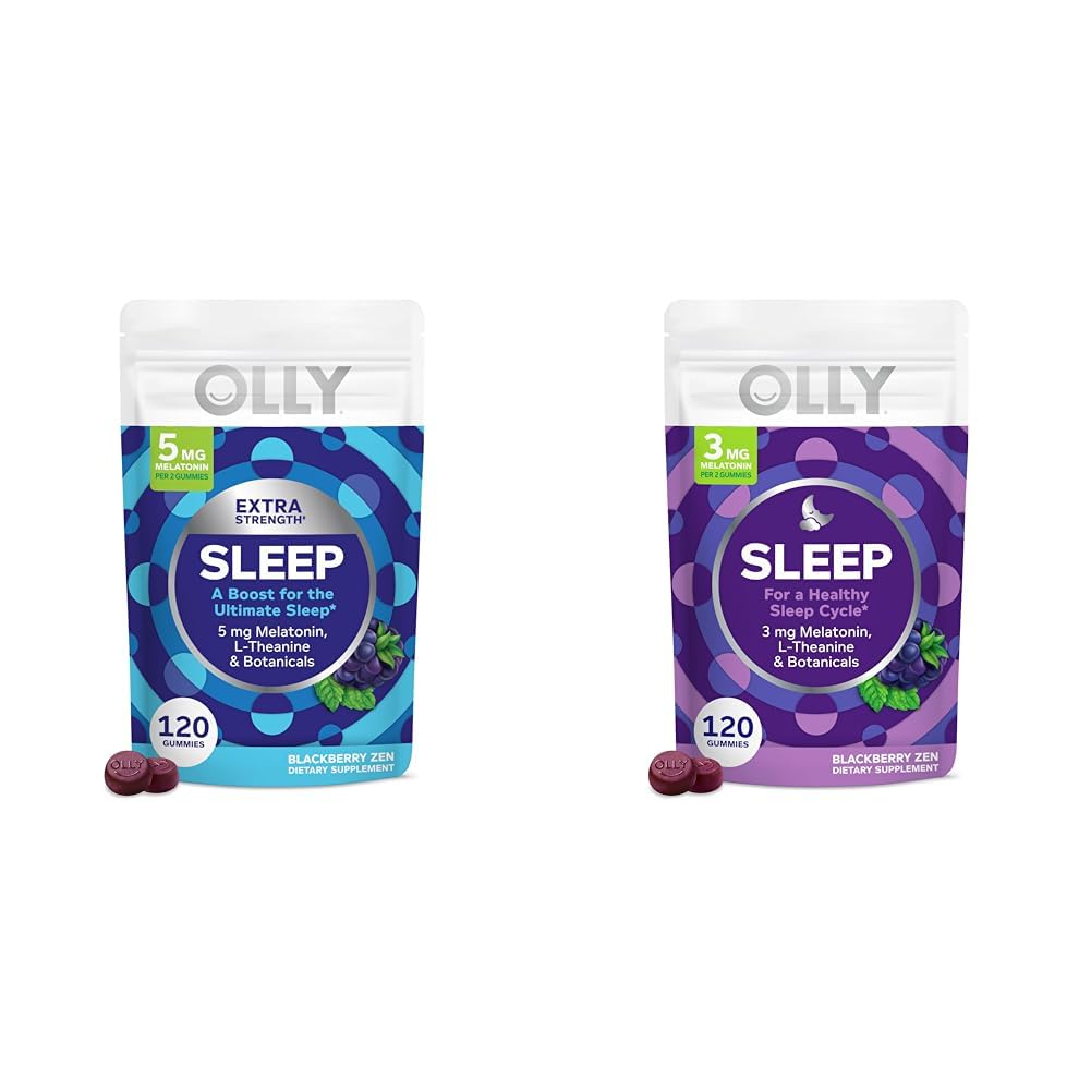 OLLY Extra Strength (5mg) " Regular Strength (3mg) Melatonin Sleep Gummies with L-Theanine, 120 Count BlackBerry Flavor