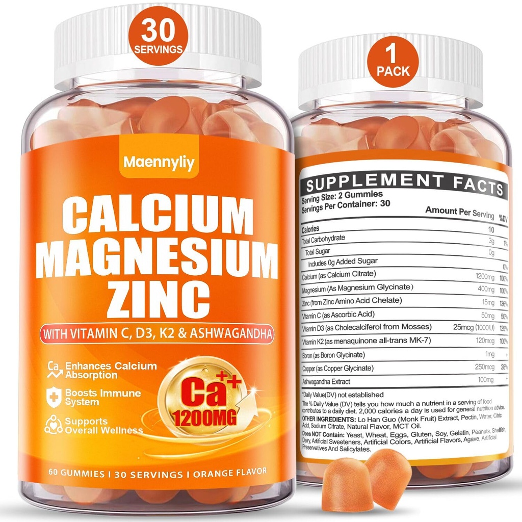 Calcio 1200 mg con vitamina D3 Gummies para adultos - Calcio Citrato con vitamina D3 K2, Magnesio, Zinc, Borón, Cobre y Ashwagandha - Absorción adicional Suplemento de calcio para mujeres hombres