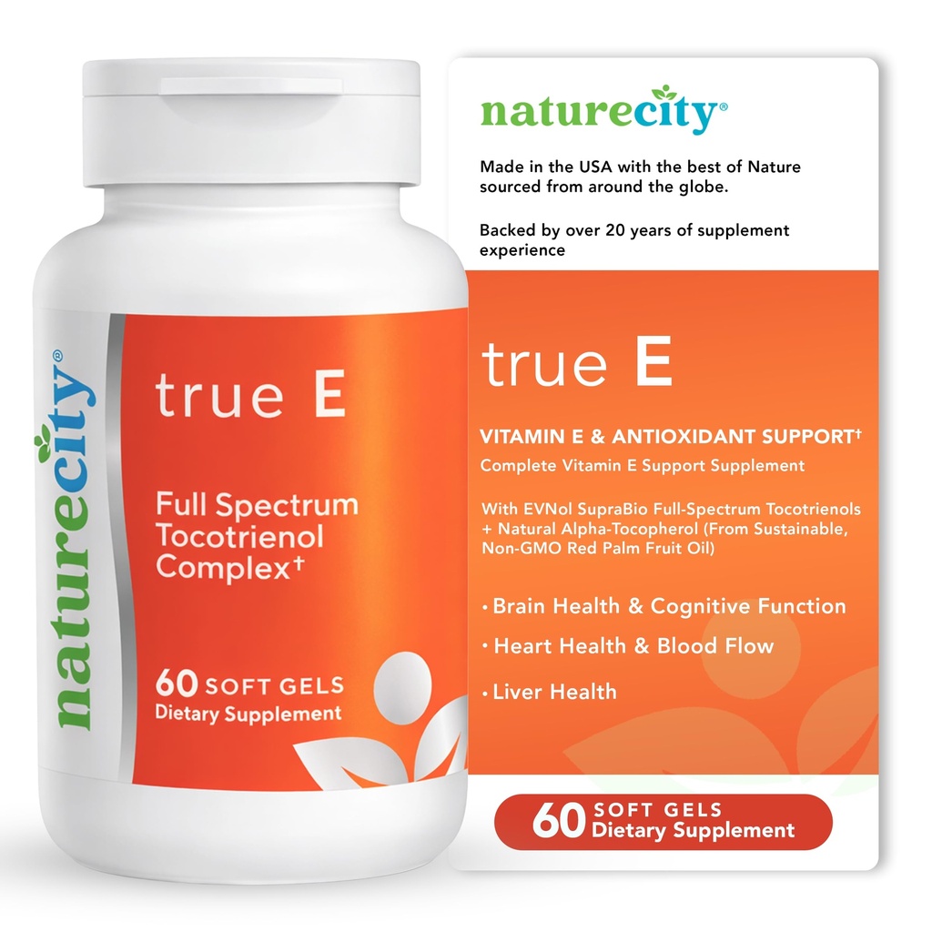 NatureCity True-E Full Spectrum Tocotrienols Vitamina E &amp; Natural Alpha Tocopherol Suplemento ← Vitamina sostenible E Tocotrienols de Evnol Suprabio ← Non-GMO Vitamin E Complex tención 60 Soft gels