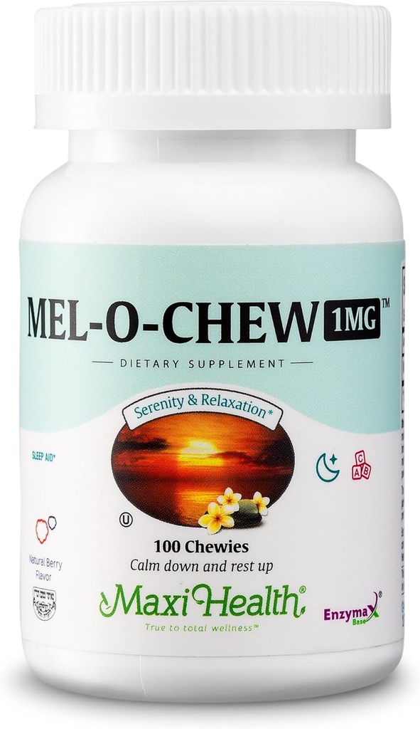 Maxi Health Melatonin 1mg Chewable - Ayuda al sueño Melatonina para fomentar el sueño natural - Suplemento de formación de no-ábito con Enzymax para el soporte de acción rápida Kosher (100 Unidades, 2-Pack)