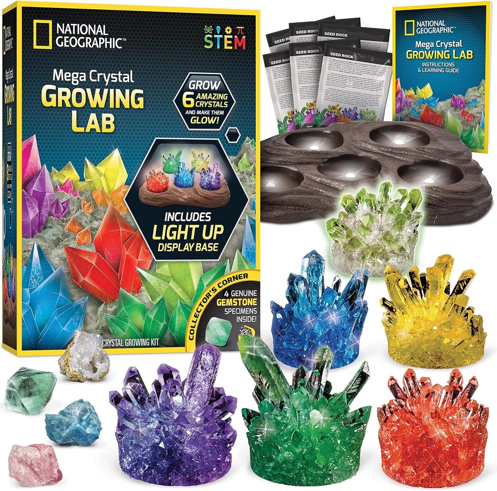 National Geographic Mega Crystal Growing Kit - Crece 6 Cristales con Light-Up Stand, Regalos científicos para niños 8-12