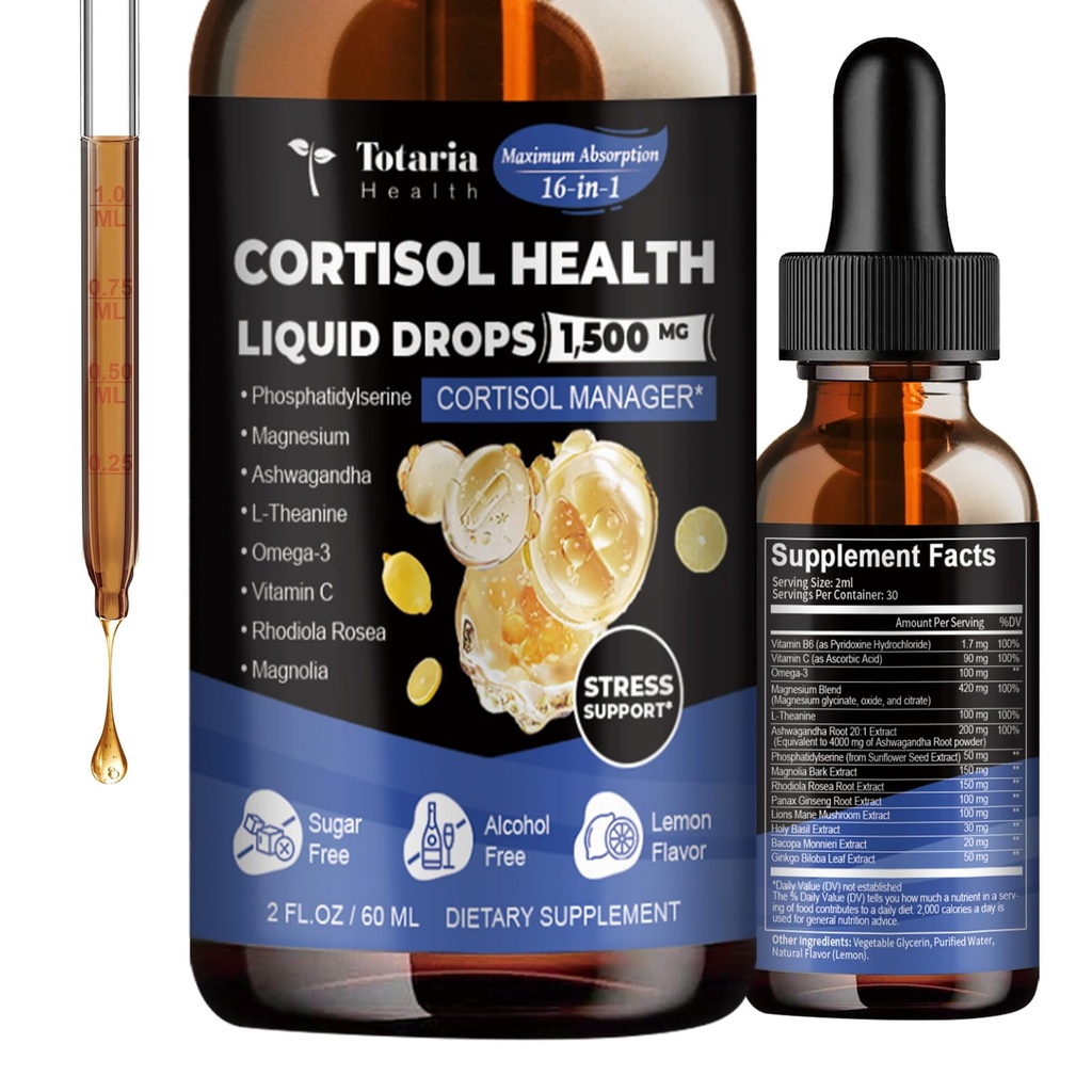 Totaria cortisol Suplemento Liquid Drops Hormon Balance para Mujeres Hombres con Complejo Magnesio,Ashwagandha,Rhodiola Rosea,L Theanine,Phosphatidylserine Suplementos Mood, Focus, Sleep Support 2 FL.OZ
