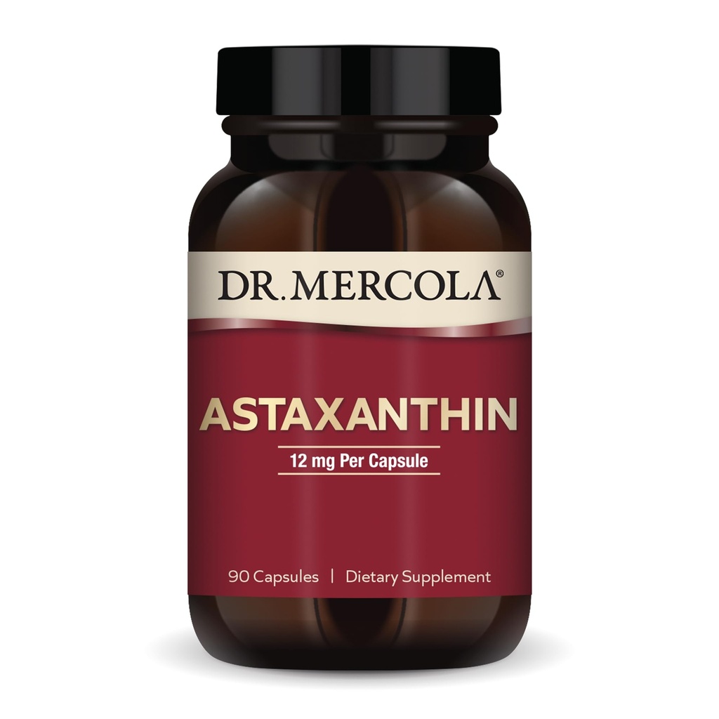 Dr. Mercola Organic Astaxanthin - 12 mg Astaxanthin - Powerful Antioxidant Support - Organic Microalgae Extract - Non-GMO, Gluten-Free &amp; Soy-Free - 90 cápsulas (90 piezas)