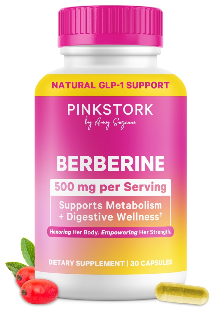 Pink Stork Berberine 500mg - Suplemento GLP-1 de la naturaleza - Daily AMPK Metabolic Activador - 500-1000 mg Metabolismo + Gut Health for Women TEN Third-Party Tested ← Vegan ← Non-GMO durable 30 Capsules