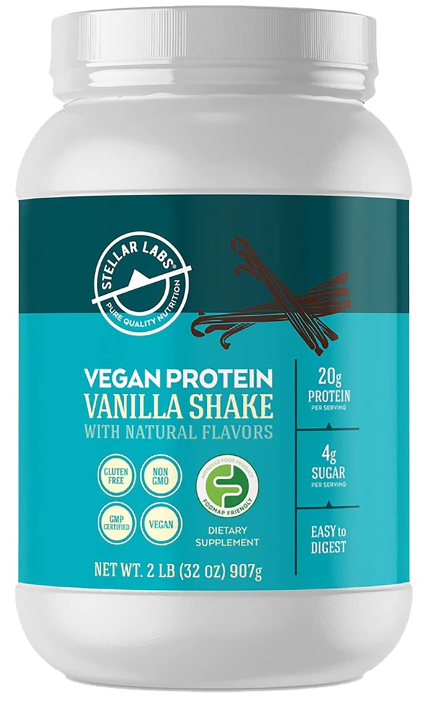 Laboratorios Estelares Pólvora de Proteína Vegan con los antioxidantes de BCAA   Certified Low FODMAP, Non GMO, Gluten Free, Soy Free, Low Carb, con Stevia ¦ Lean Plant Based Protein Powder Shakes ← Vanilla