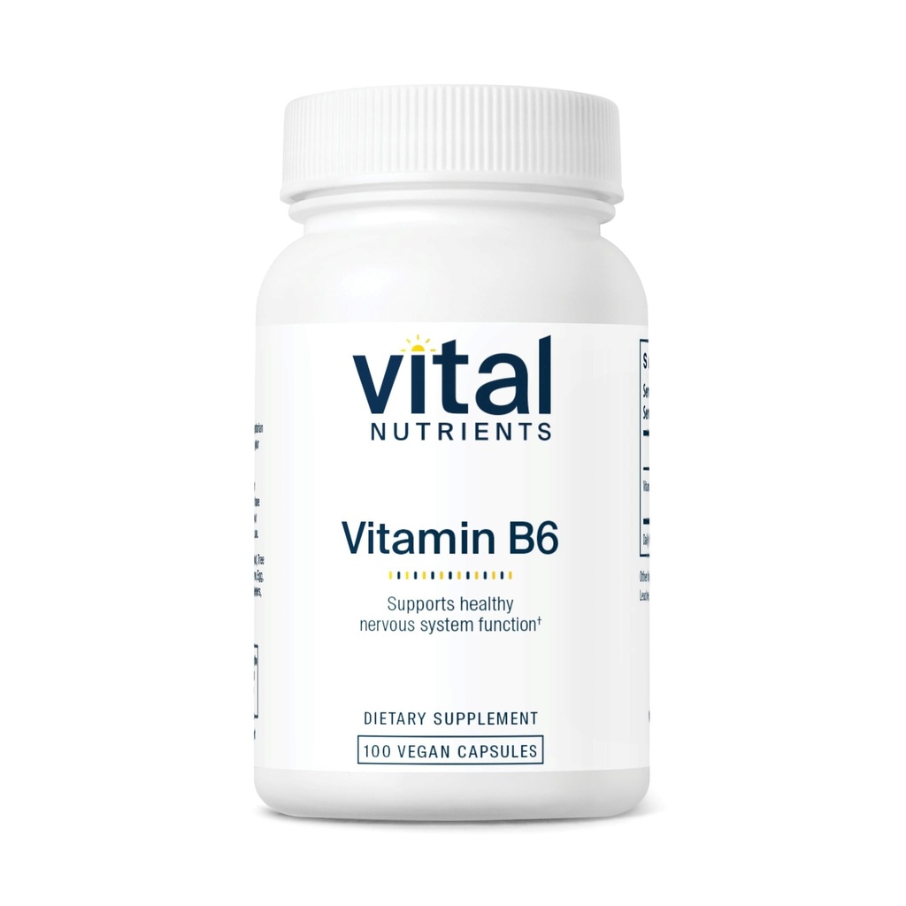 Vital Nutrients Vitamina B6 ← Vegan Methylated B6 Vitaminas para Nervous System, Muscle, Bone Health* ← High-Potency Vitamin B6 for Menstrual Discomfort *  Gluten, Dairy, Soy Free ← 100 Capsules