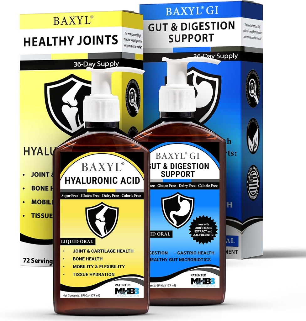 BAXYL &amp; BaxylGI Bundle Pack - (6 fl oz Cada uno) - Hyaluronic Acid Joint Supplement & Hylarunonan Amaferm Prebiotic Digestive Supplement.