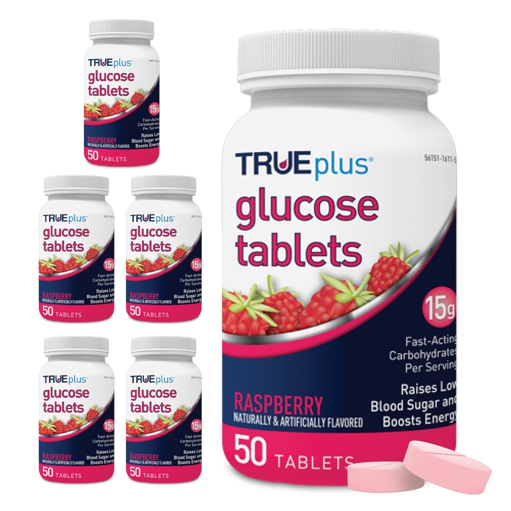 TRUEplus® Glucose Tablets, Raspberry Flavor - 50 Cuenta (Pack of 6)