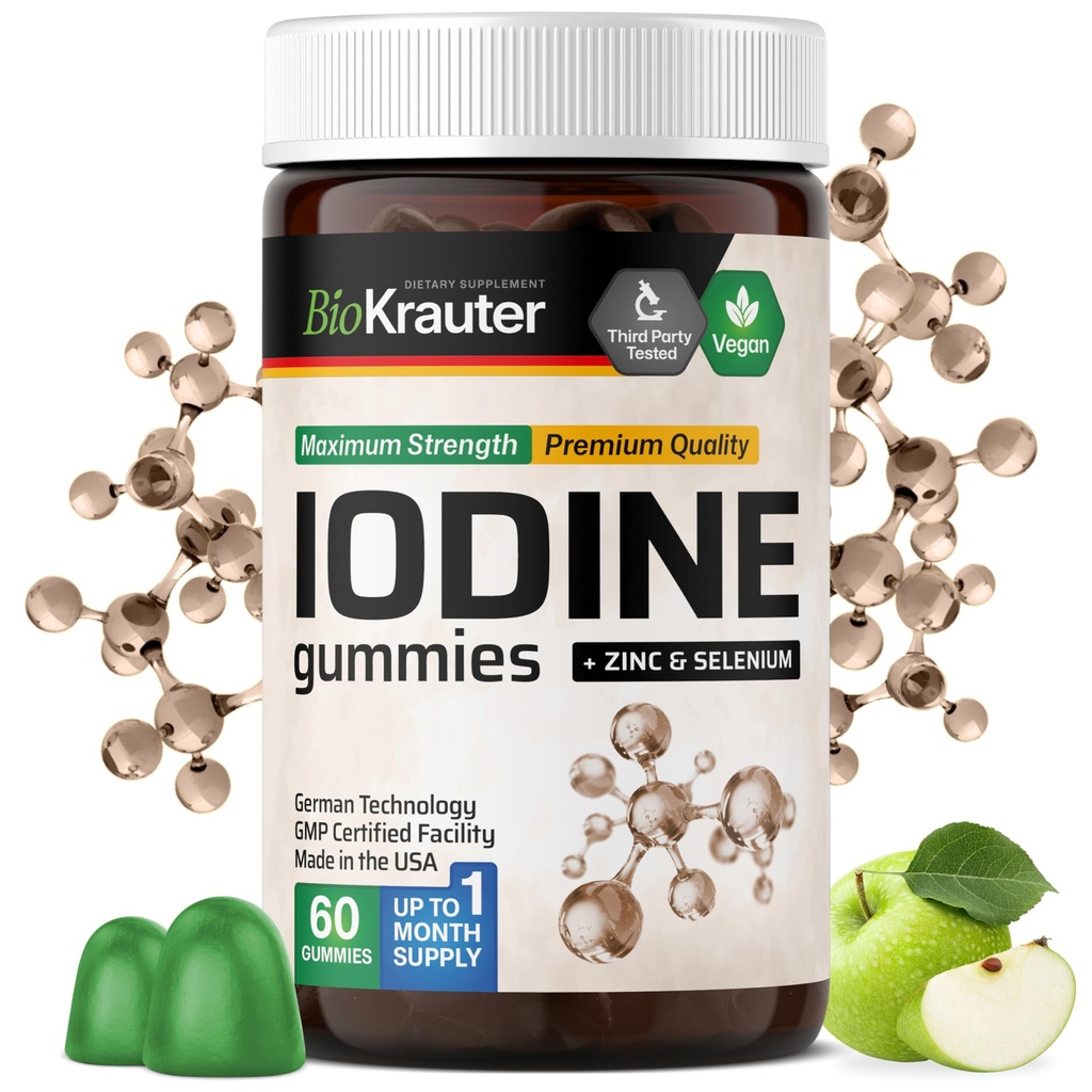BIO KRAUTER Iodine Gummies - 60 Chews Vegan - 250 mcg Iodide de potasio - Suplemento de yodo con Zink de Selenium - Apple Flavor, Pectin-Based Chews
