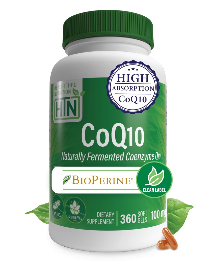 Salud Thru Nutrition CoQ-10 100mg con BioPerine 360 Softgels ← Alta Absorción Naturalmente Fermentada USP Grade Coenzyme Q10 Suplemento ← 3rd Party Tested  durable Heart Health and Energy Support