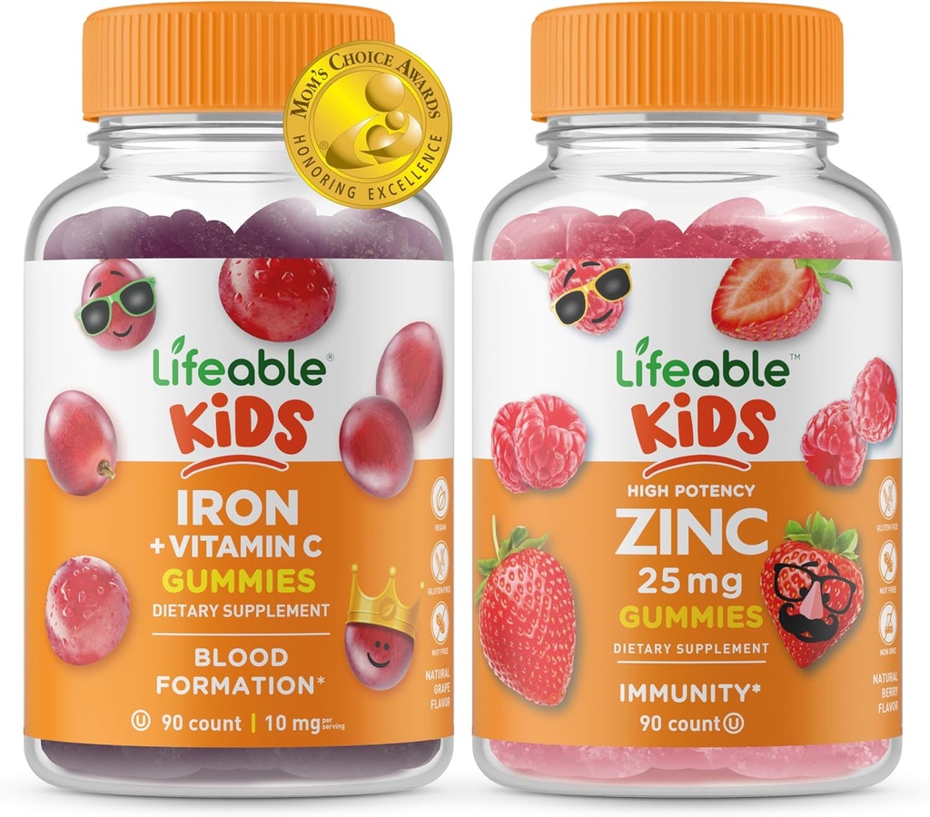 Hierro Lifeable &amp; Vitamina C Kids + Zinc 50mg, Gummies Bundle - Gran Tasting, Suplemento de vitaminas, Gluten Gratis, GMO Gratis, Chewable Gummy
