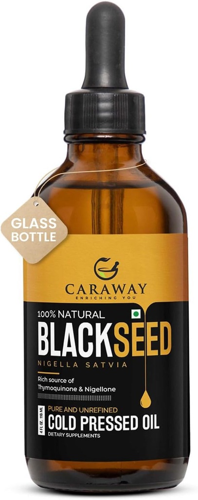 Aceite de semilla negra orgánica CARAWAY - Aceite de Nigella Sativa prensada en frío - Puro y sin refinar - Rico en Thymoquinone para soporte de inmune, cuidado del cabello y la piel