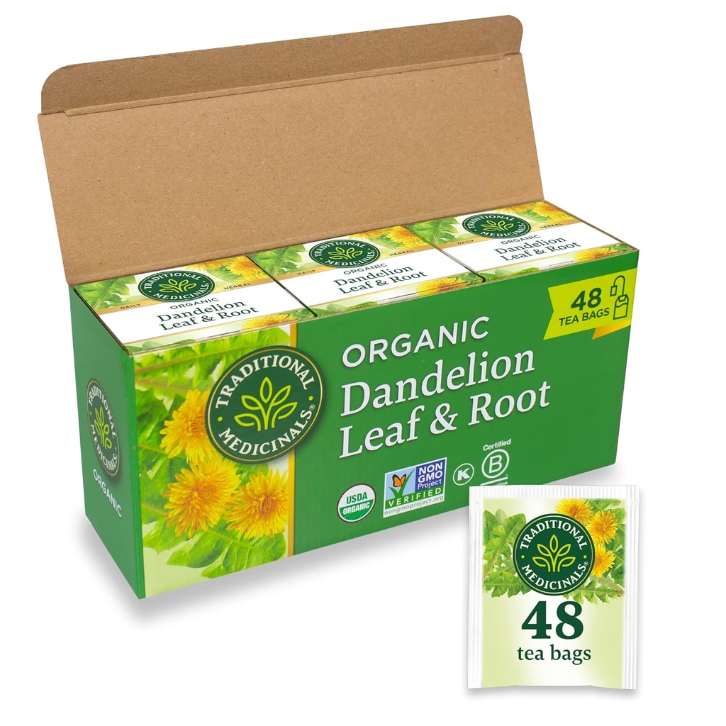 Medicinales tradicionales Tea, Hoja de Dandelión Orgánica &amp; Root, soporta la función del riñón &amp; Digestión saludable, 48 bolsas de té (3 Pack)