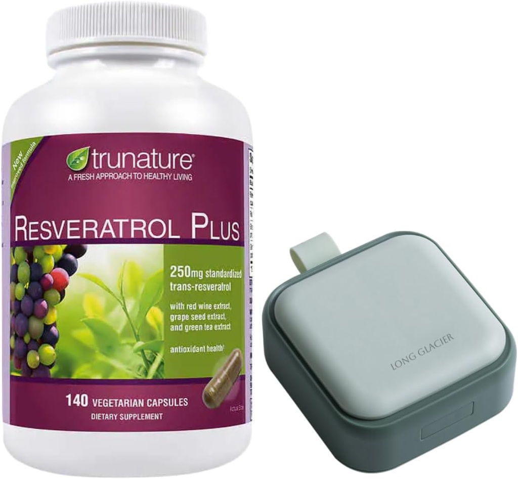 Trunature Resveratrol Plus, 140 Vegetarian Capsules Bundle con un Pill Oragnizer, Pequeño Cute Pill Container for Medicine, Vitaminas, Verde