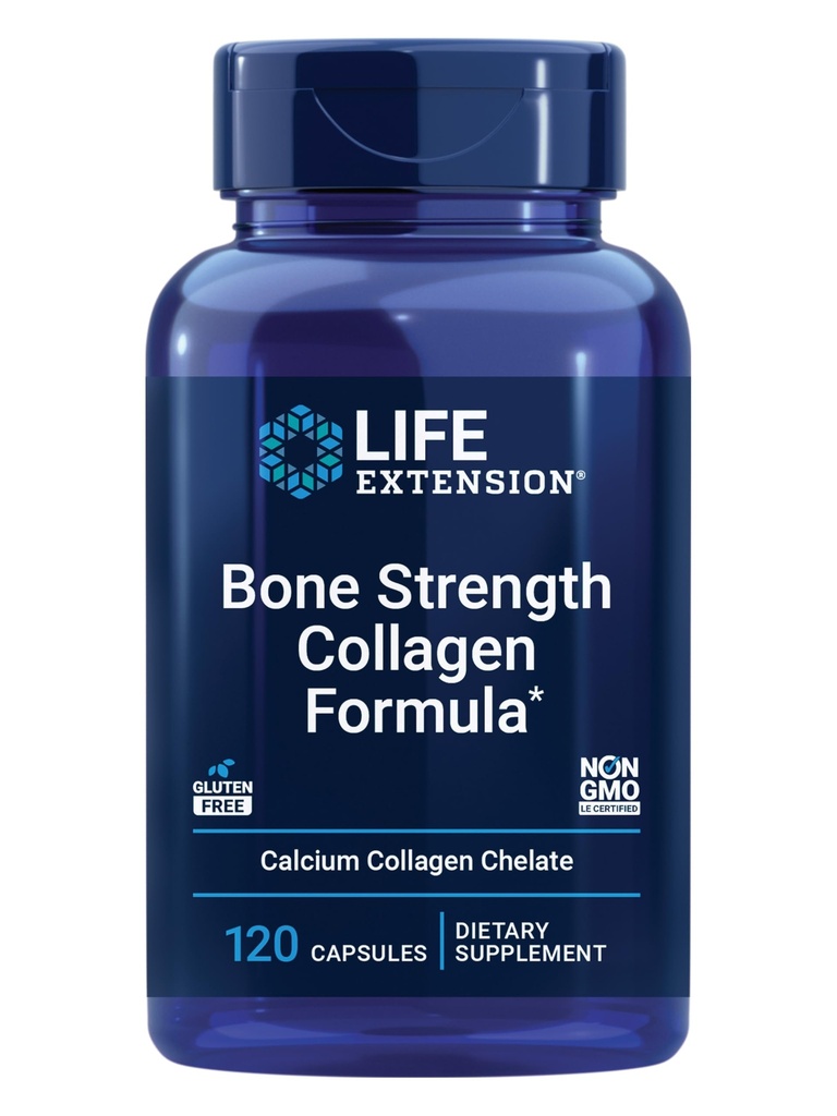 Extensión de la vida Bone Strength Collagen Fórmula, Calcium Collagen chelate, Calcium fructoborate, Vitamin D3, Magnesium Citrate, Silicon, Boron, Gluten-Free, Non-GMO, 120 Capsules