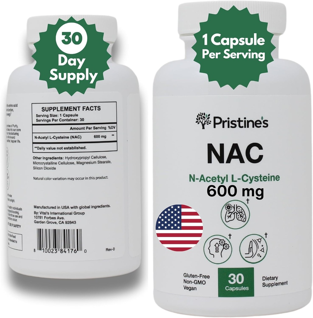 PriSTINE'S N-Acetyl L-Cysteine (NAC) 600MG 30-Day Supply Potent Lung &amp; Liver Immunity Antioxidant Supplement Capsules - Mood & Mental Health Support