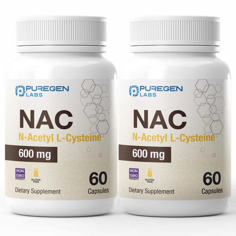 Laboratorios Puregen N-Acetyl-L-Cysteine (NAC) 600mg, soporta inmuno, respiratorio, salud del hígado, NAC 600 mg, apoyo antioxidante potencial, libre radicales, fácil de absorber - Total 120 cápsulas vegetales
