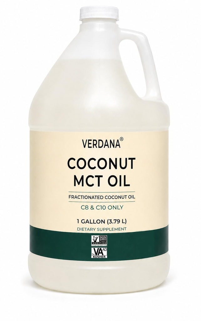 Verdana Coconut MCT Oil 1 Gallon – Grado de alimentos para café Keto, Aceite Natural Desarrollado Mouthwash, Masaje, Aromaterapia – 100% de Coconut - Triglicéridos de cadena media – Non-GMO, Kosher