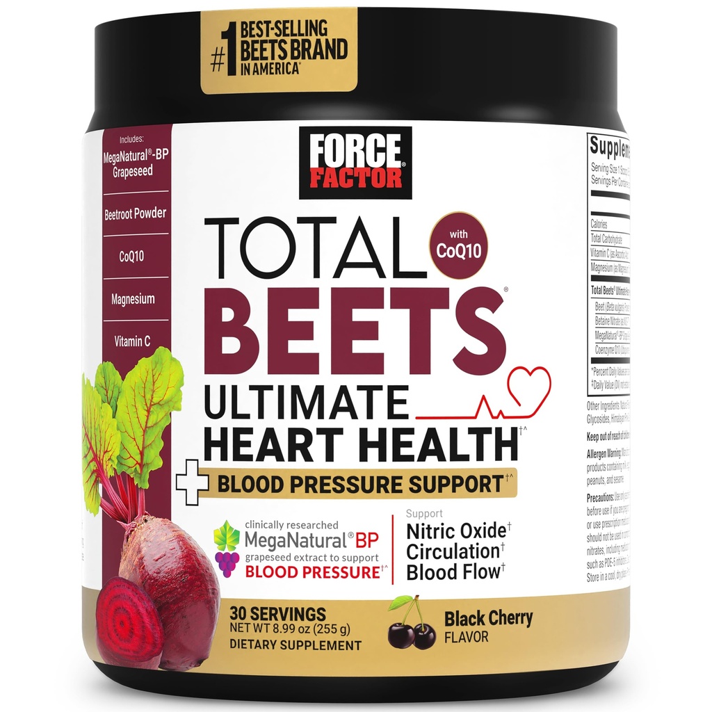 Factor de fuerza Total Beets Ultimate Heart Health Blood Pressure Support with CoQ10, Beet Root Powder, Grape Seed Extract, Blood Pressure Supplement for Circulation, Black Cherry, 30 Servings