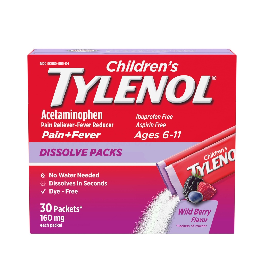 Paquetes de disolver de Tylenol para Alivio del Dolor, Medicación de la fiebre, 160 mg de acetaminofén, Dye Gratis, Packets de polvo para niños para calmar los síntomas de la gripe fría; Flavor de la baya silvestre, 30 ct.; Pack de 1