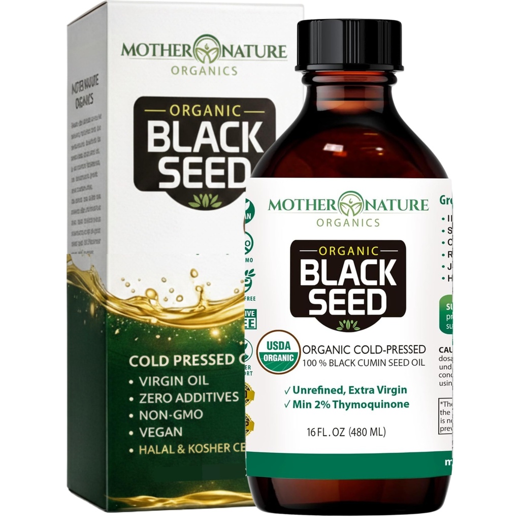 Madre Naturaleza USDA Orgánica de semillas negras – Cold Presionado, sin refinar & Vegan Nigella Sativa, High Thymoquinone (2%+), Omega 3 6 9 para Immune, Conjunto " Apoyo al Corazón, Piel " , No GMO, 16oz