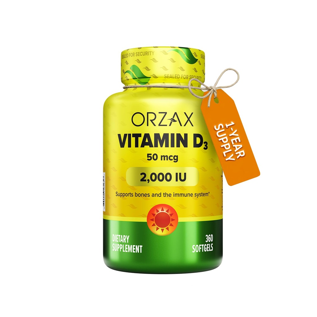 ORZAX Vitamina D3 2000 iu (50 mcg) – No GMO, Gluten Free, Sugar Free, Dairy Free – 1 año de suministro para la función del músculo fuerte y soporte de inmunológico – Mood Suplemento para el bienestar (360 Softgel)