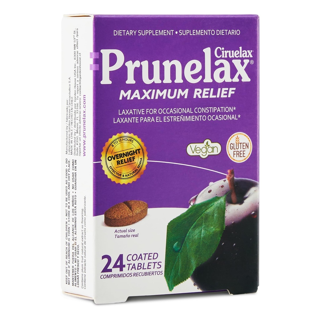 Prunelax Ciruelax Maximum Relief Laxative Tablets with Natural Senna for Occasional Constipation, Senna Extract, Vegan &amp; Gluten-Free, Gentle Overnight Relief - 24ct
