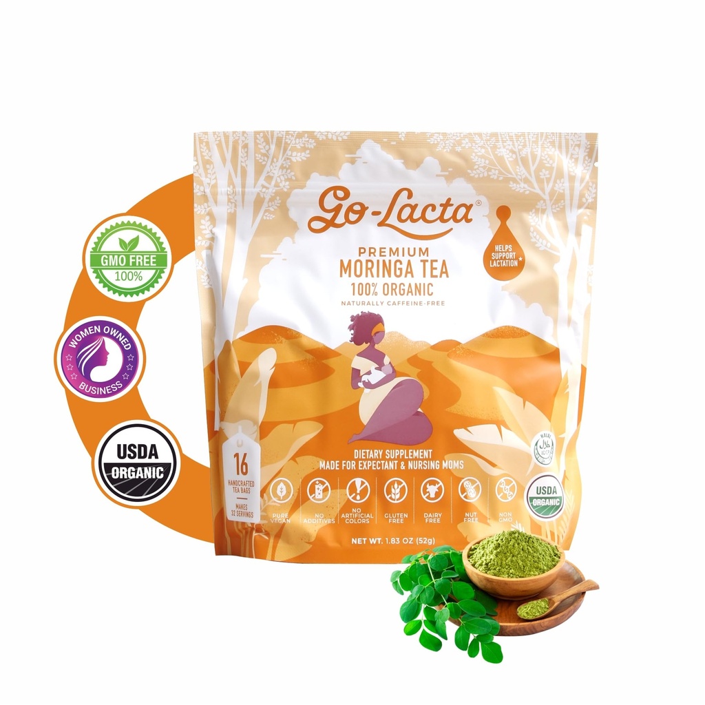 Tea de Moringa Orgánica Go-Lacta – Aumentar el suministro de leche materna – Té de lactancia natural para las madres lactantes – Galactagogia Herbal Libre de Cafeína – Seguro Prenatal – 32 Serviciones