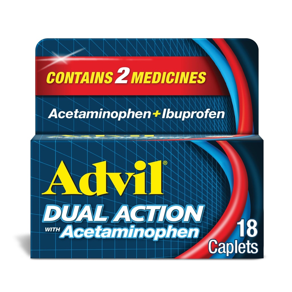 Doble acción Advil Coated Caplets con Acetaminophen, 125mg Ibuprofeno y 250mg Acetaminophen Per Caplet para 8 horas de alivio del dolor - 18 cuenta